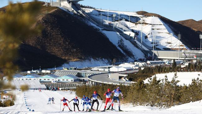 Athletes compete during the men's cross-Country Skiing 15km + 15km Skiathlon on Day 2 of the Beijing 2022 Winter Olympic Games at The National Cross-Country Skiing Centre on February 06, 2022 in Zhangjiakou, China. (Photo by Clive Rose/Getty Images)