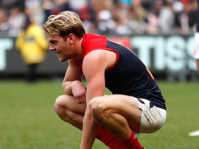 MELBOURNE, AUSTRALIA - AUGUST 26: Jack Watts of the Demons looks dejected after a loss during the 2017 AFL round 23 match between the Collingwood Magpies and the Melbourne Demons at the Melbourne Cricket Ground on August 26, 2017 in Melbourne, Australia. (Photo by Michael Willson/AFL Media/Getty Images)