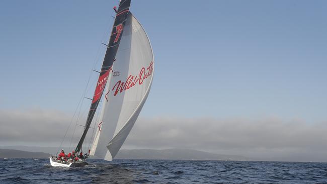 Wild Oats XI in the River Derwent as she nears the finish line. Picture: Richard Jupe .