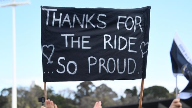 A fans banner at the Collingwood fan day.