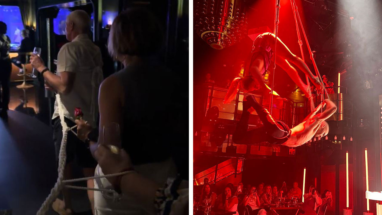 Left: guests getting led back into The Manor after the interval. Right: watching the acrobats perform.