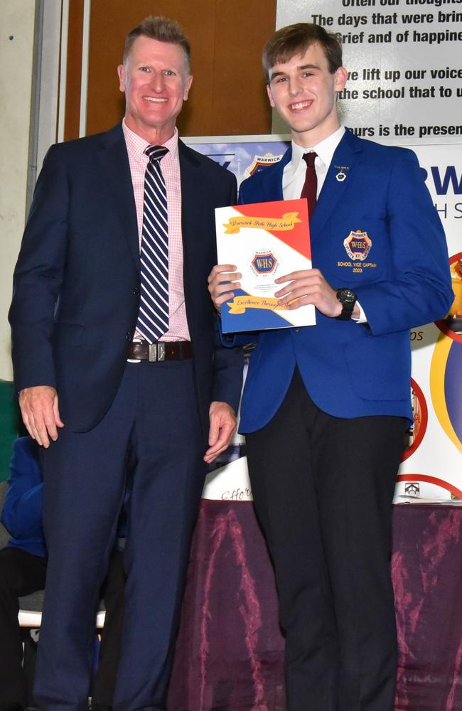 Warwick State High School principal Will Curthoys (L) and school vice-captain Joseph Beh (R) at their 2023 awards night. Photo: Contributed