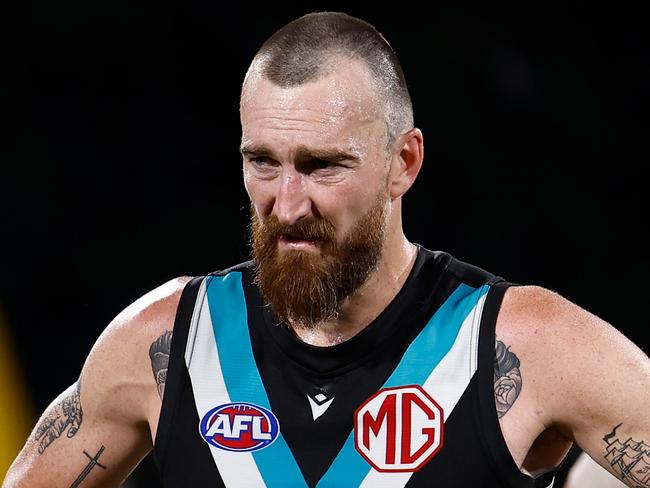 ADELAIDE, AUSTRALIA - SEPTEMBER 05: Charlie Dixon of the Power looks dejected after a loss during the 2024 AFL Second Qualifying Final match between the Port Adelaide Power and the Geelong Cats at Adelaide Oval on September 05, 2024 in Adelaide, Australia. (Photo by Michael Willson/AFL Photos via Getty Images)