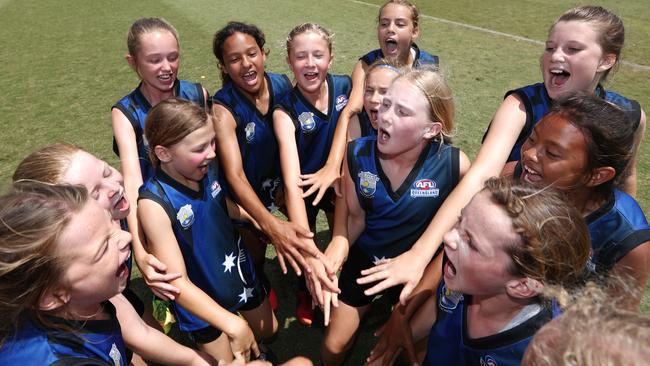 Mooloolaba State School players celebrate winning the AFLQ Primary Schools Cup in 2020. Picture: Jason O'Brien