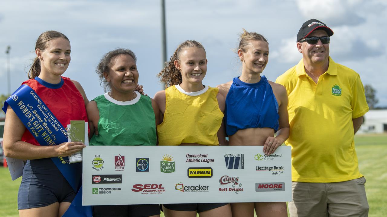 Hayley Reynolds (left) wins the Sunny Queen Women’s Gift 75 yards. The Arthur Postle Gift in Pittsworth. Saturday 18th January, 2025. Picture: Nev Madsen.