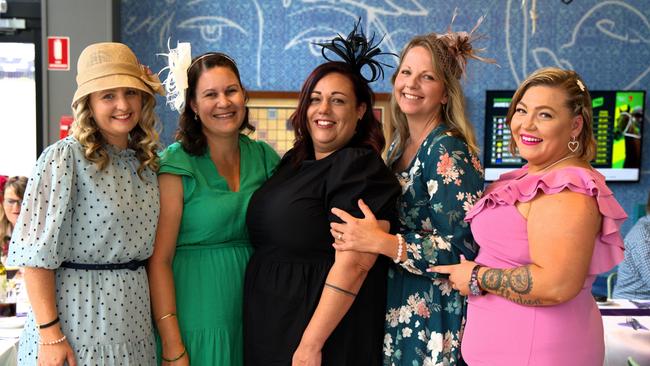 Katrina Agnew, Natalie Cocks, Jamie Vella, Suzie Williams, Teri Williams at the Gympie RSL during the Melbourne Cup Races on November 7, 2023.