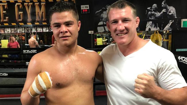 Paul Gallen getting behind Bilal Akkawy before his big fight.