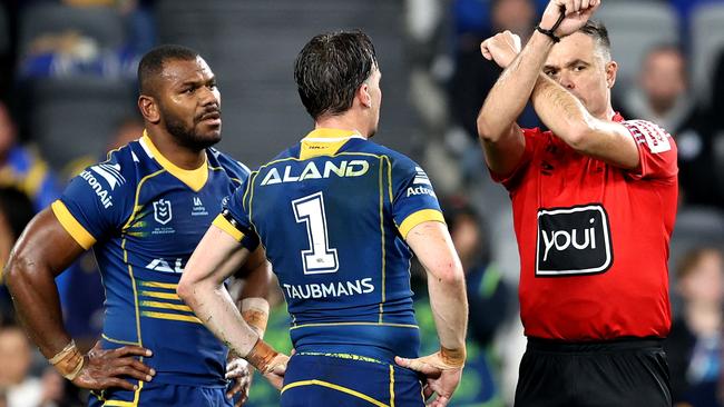 SYDNEY, AUSTRALIA - JULY 16: Maika Sivo of the Eels is placed on report by referee, Chris Butler during the round 20 NRL match between Parramatta Eels and Gold Coast Titans at CommBank Stadium on July 16, 2023 in Sydney, Australia. (Photo by Brendon Thorne/Getty Images)