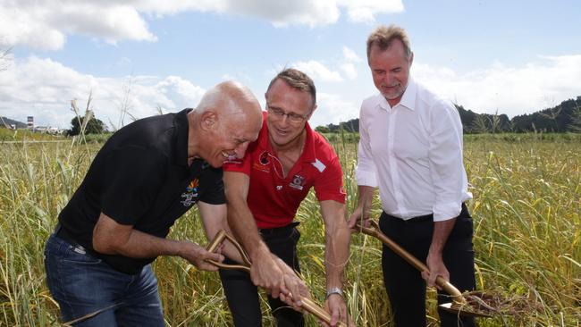 Cairns Regional Council Mayor Bob Manning, AFL Cape York Program Manager Rick Hanlon and former Minister for Indigenous Affairs, Nigel Scullion, turn the first sod on the new AFL Cape York House for Girls PICTURE: ANNA ROGERS