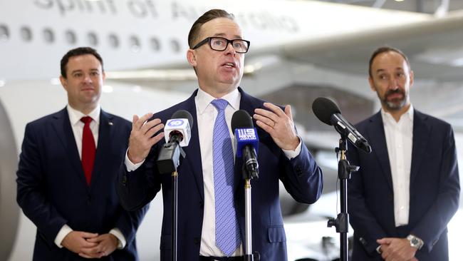 Alan Joyce insisted Qantas’s customer satisfaction rating was “holding up really well relative to Virgin” because “they’ve got equally as bad performance”. Picture: NCA NewsWire / Damian Shaw