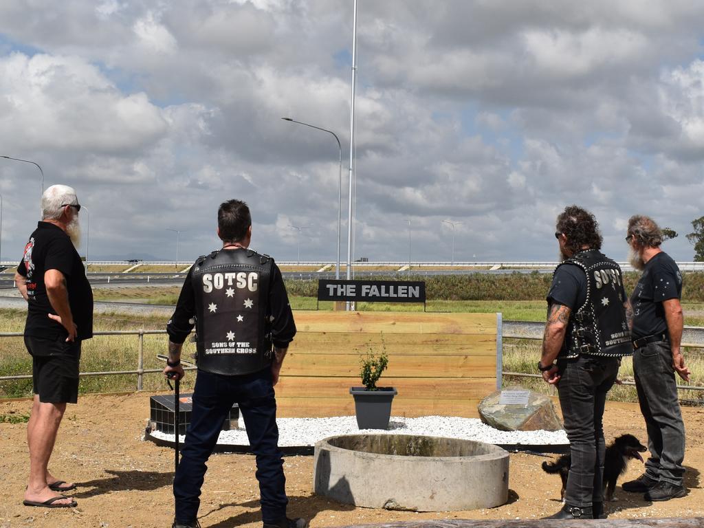 “The Fallen” is a memorial wall at Handlebar Heaven in Ooralea for all of the motorcycle riders who have lost their lives doing what they love. Pictured are Sons of the Southern Cross Mackay members Ted ”Bubbles” Walters, Ken ”Smiley” Hyde, James ”Knuckle” McGovern and Josh ”Professor” Van Loenen. Picture: Heidi Petith