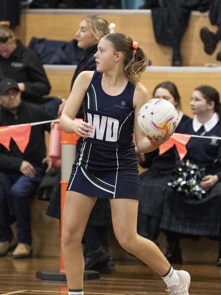 Annabel Bond of St Ursula's Junior A against Downlands Junior A in Merici-Chevalier Cup netball at Salo Centre, Friday, July 19, 2024. Picture: Kevin Farmer