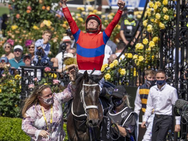 James McDonald celebrates after winning the 2021 Melbourne Cup on Verry Elleegant. Picture: Jay Town/Racing Photos via Getty Images