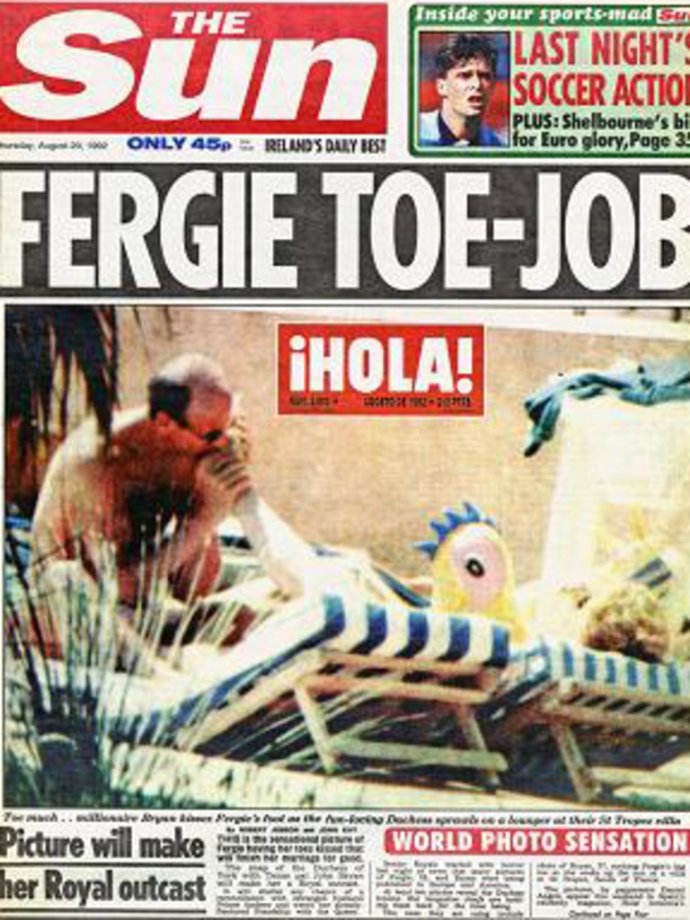 Front page of The Sun newspaper with Sarah Ferguson having her toes sucked by John Bryan.