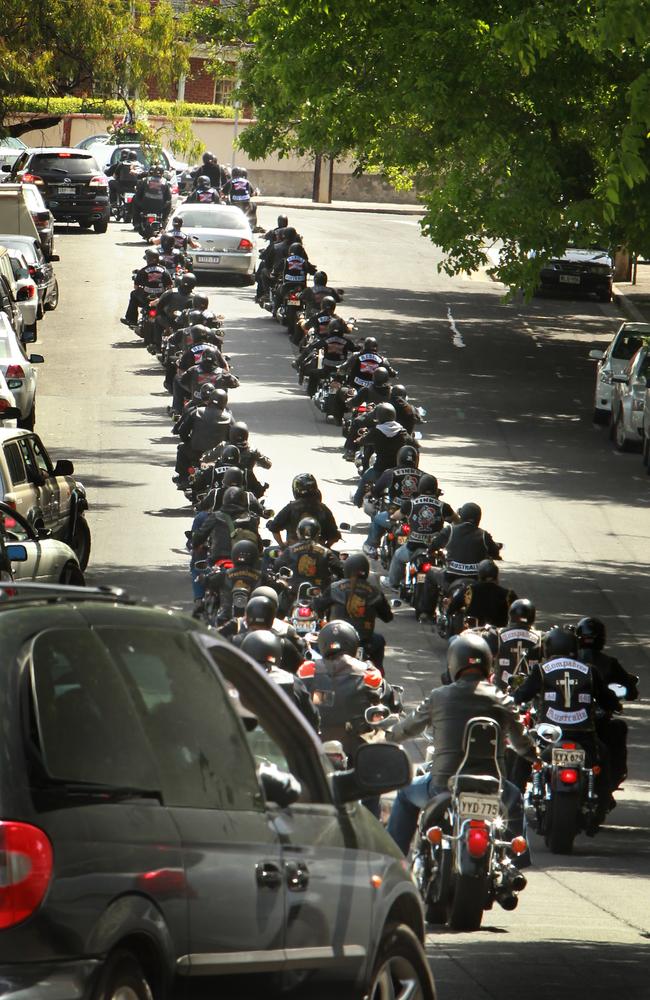 Rebels MC riders head to farewell their friend at St Peters Cathedral.