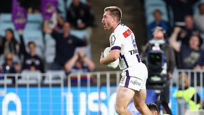 Cameron Munster celebrates scoring a try for the Storm. Picture: Getty Images