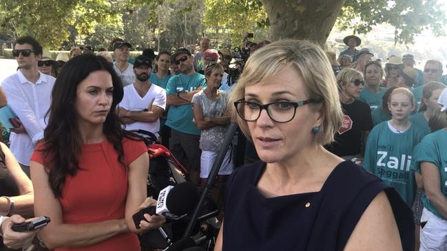 Barrister and former world champion skier Zali Steggall speaks at a press conference in Balgowlah in Sydney on Sunday. Picture: AAP