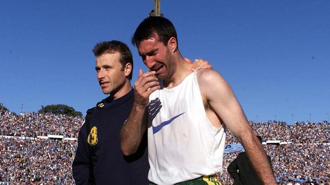 Tony Vidmar in tears after Australia lost to Uruguay in 2001.