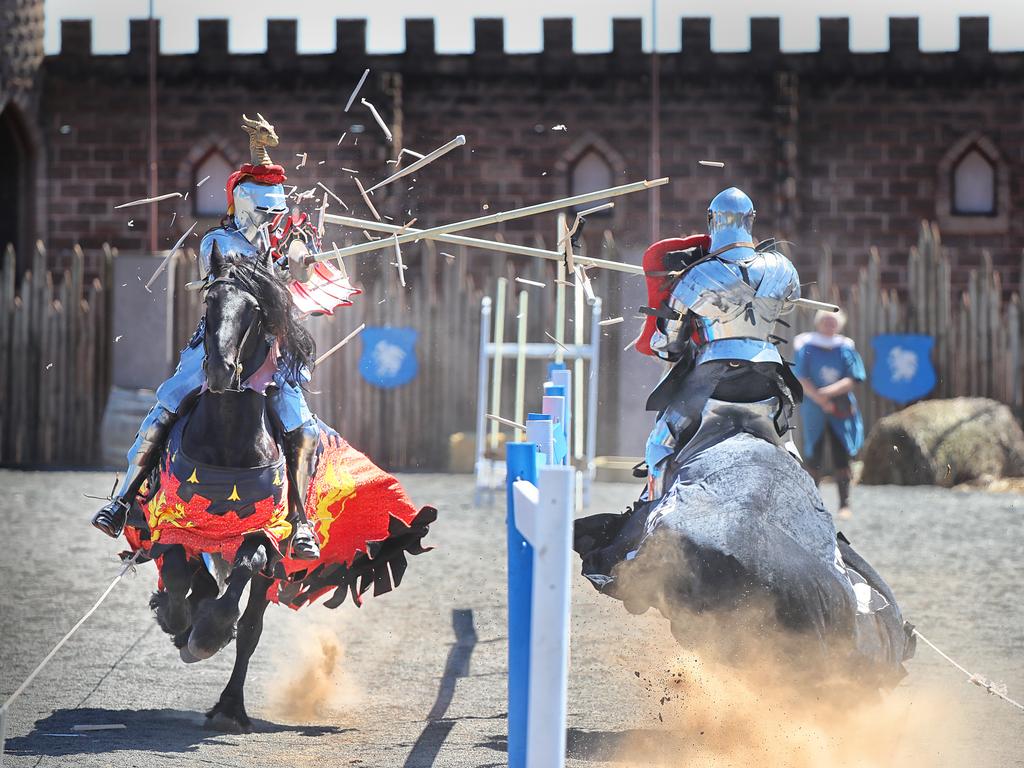 HOLD FOR THE HERALD SUN PIC DESK-----Two great nations with a fierce sporting rivalry head to head in the original extreme sport of jousting at the inaugural Australia vs England Jousting Tournament, held  at Kryal Castle near Ballarat. The competition runs over two days in November 2-3.  Phillip Leitch riding 'Valiant' [left] and Cliff Marisma riding 'Paco' [right].  
Picture: Alex Coppel.