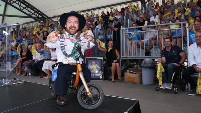 Duel Paralympic medallist Grant "Scooter" Patterson was honoured as the unofficial Mayor of Cairns for the afternoon when Bob Manning gave the swimmer the Keys to the City at a ceremony held at Tobruk Pool. Picture: Brendan Radke