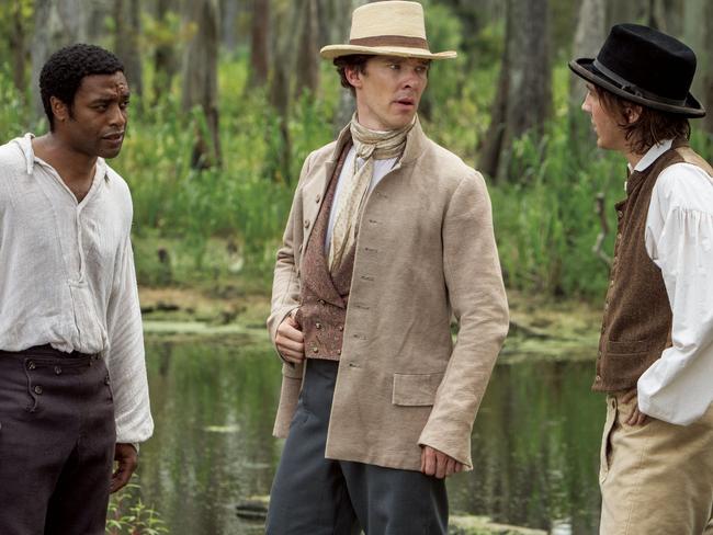 Chiwetel Ejiofor, Benedict Cumberbatch and Paul Dano in a scene from the film, TWELVE YEARS A SLAVE Supplied by Icon Film Picture: Supplied