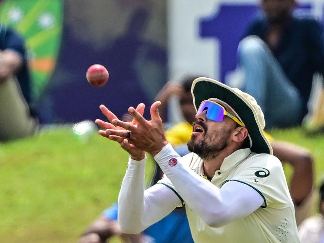 Mitchell Starc took two catches, and the first wicket, in Sri Lanka’s second innings. Picture: AFP