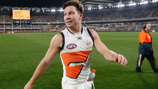 A happy Toby Greene heads off the Gabba after GWS Giants’ win on Saturday. Picture: Michael Willson/AFL Photos via Getty Images.