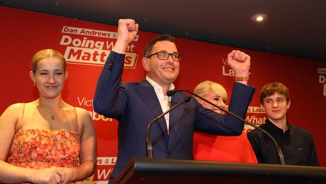 Premier Daniel Andrews celebrates his win at last year’s state election. Picture: Jason Edwards