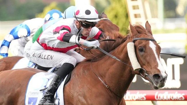 Ben Allen riding Pinstriped to victory in last year’s Group 2 Feehan Stakes. Picture: Racing Photos via Getty Images