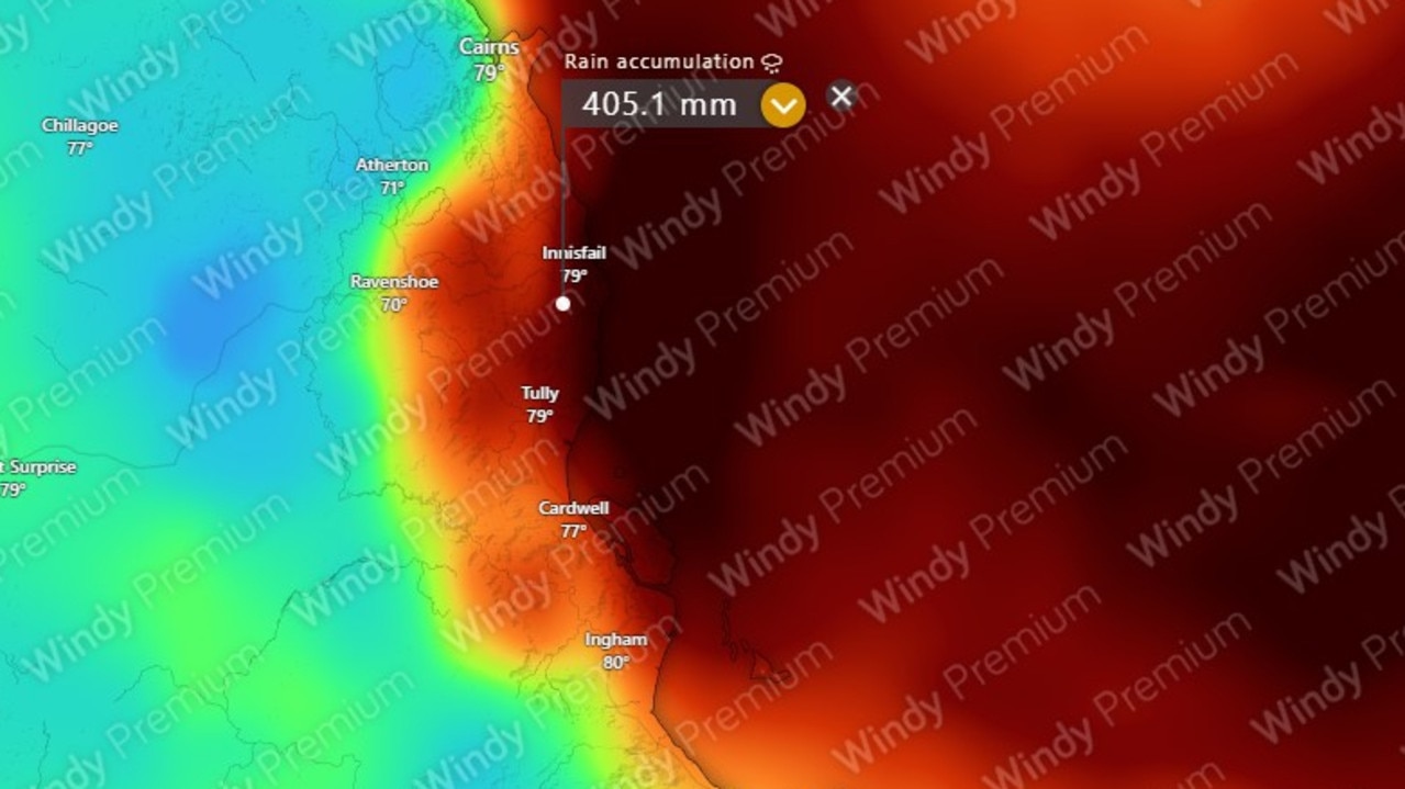 A rain accumulation map showing up to 400mm of rain that could fall between Friday and February 1. Picture: Windy