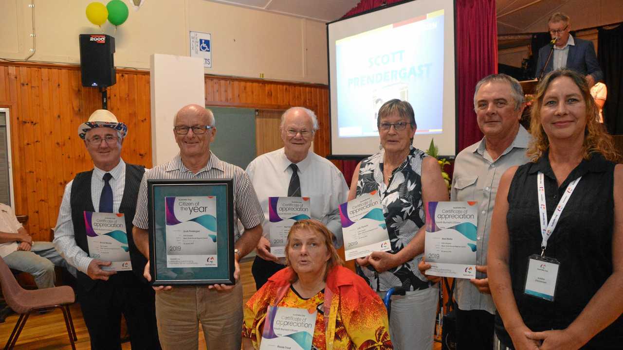 Graham Prendergast accepting the South Burnett citizen of the year award on behalf of hgis son Scott with nominees at the South Burnett Australia Day awards 2019. Picture: Claudia Williams