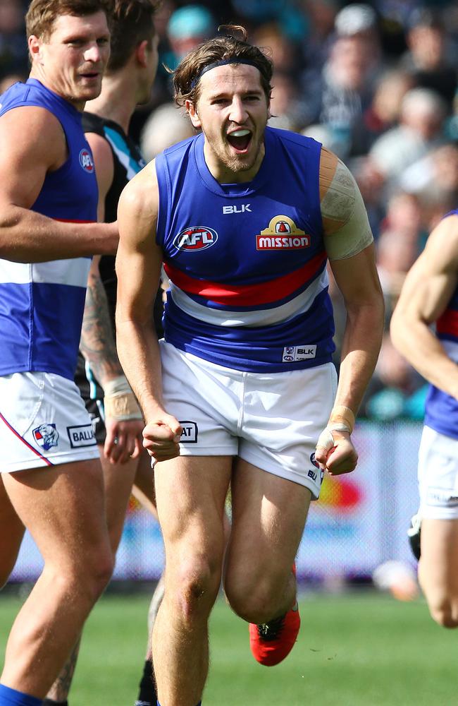 Marcus Bontempelli celebrates a goal with the Bulldogs one of four clubs on nine wins. Picture: Sarah Reed