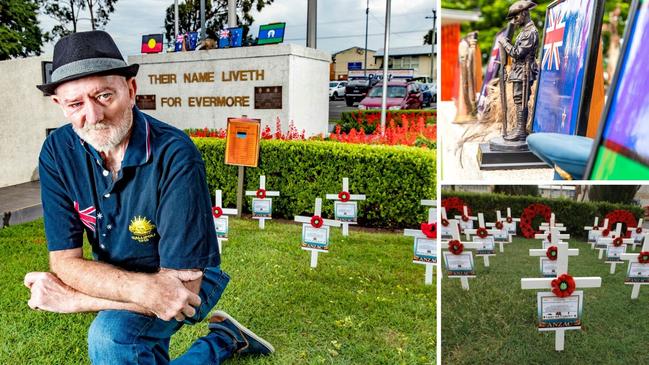 Logan historian Mic Noble with his Anzac Day Dawn Service display which includes a sandbag bunker from the movie set of <i>Danger Close</i>.