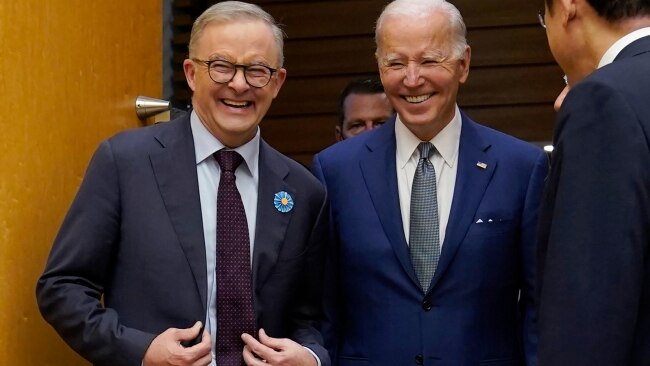 US President Joe Biden and Australian Prime Minister Anthony Albanese share a laugh during the Quad Leaders Summit in Tokyo on Tuesday (Photo: AP)