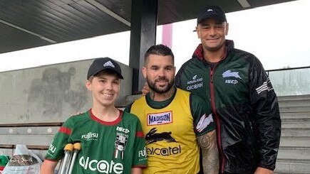 Jake Spurdle with Rabbitohs players Adam Reynolds and John Sutton. Pic Supplied