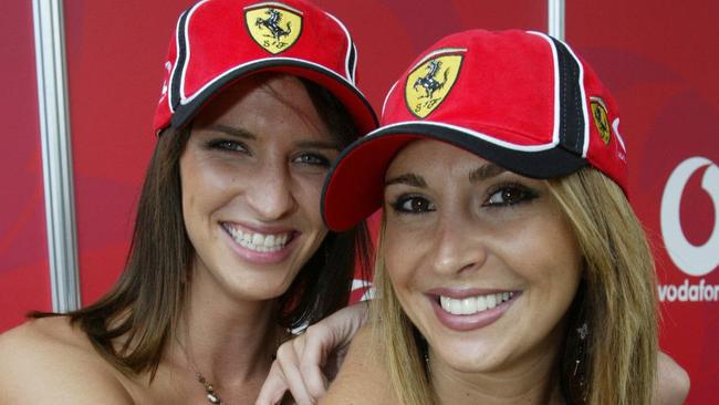 Jacinta Field (L) &amp; Rosanna Faraci as Ferrari grid girls during Australian Formula One Grand Prix at Albert Park in Melbourne. Picture: Damien Horan.