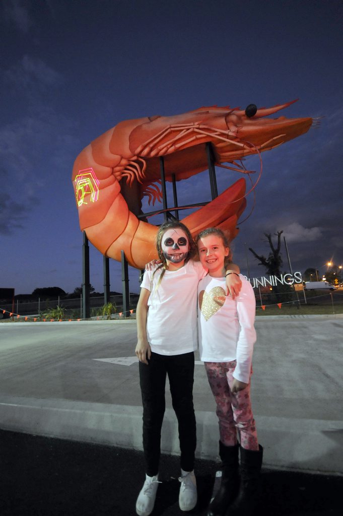 Having fun at The laser show at the Big Prawn in Ballina on Friday night Ally Brisbaine 8, and Pyper Glenn 8, both of Ballina. Photo Doug Eaton / The Northern Star. Picture: Doug Eaton