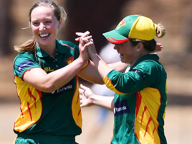 Meg Phillips of the Tigers celebrates after taking the wicket of Tegan McPharlin during the match between the Adelaide Scorpions and Tasmania Tigers at Karen Rolton Oval Tuesday January 7,2020. (Image AAP/Mark Brake)