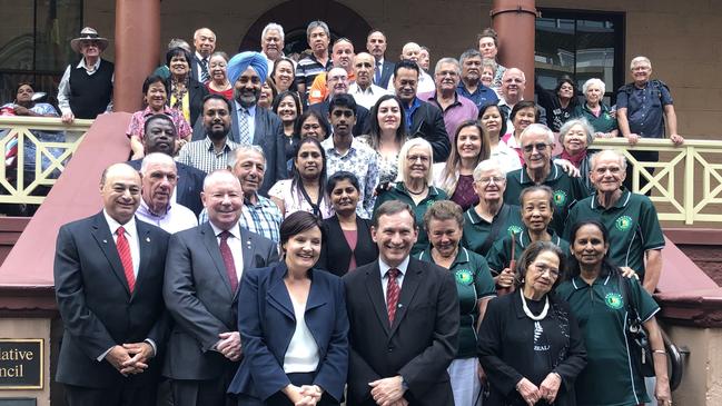 State Labor MPs Stephen Bali (Blacktown), Edmond Atalla (Mt Druitt) and Hugh McDermott (Prospect) with leader Jodi McKay and Doonside residents at state parliament on Thursday. Picture: Kate Lockley