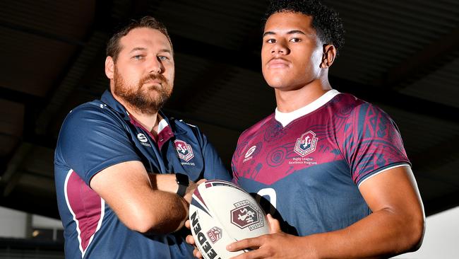 Coach Josh Bretherton and Josiah Pahulu. Ipswich SHS. Thursday May 12, 2022. Picture, John Gass