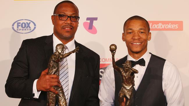 MELBOURNE, AUSTRALIA - FEBRUARY 13:  Coach Joey Wright (L) and Jerome Randle of Adelaide poses with his MVP Award during the 2017 NBL MVP Awards Night at Crown Palladium on February 13, 2017 in Melbourne, Australia.  (Photo by Michael Dodge/AFL Media/Getty Images)