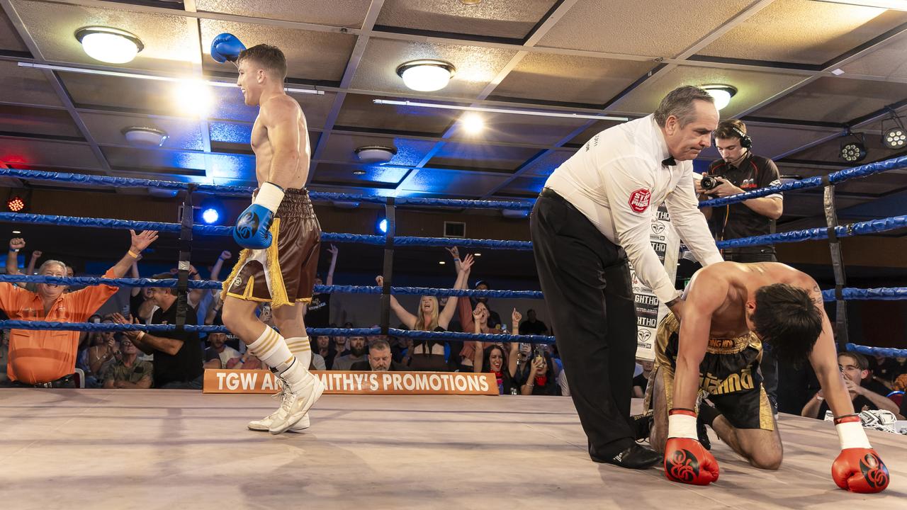 Pittsworth's Jackson 'Stoneleigh' Griffiths celebrates his WBC World Youth Welterweight victory at Rumours International, Toowoomba. Picture: Darren Burns