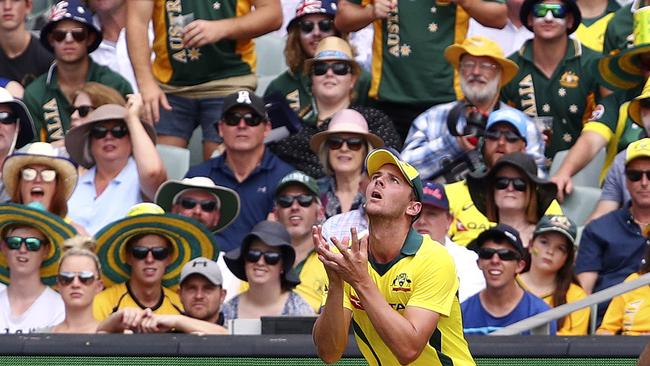 Josh Hazlewood is about to catch Joe Root at fine leg off the bowling of Pat Cummins. Picture: Sarah Reed