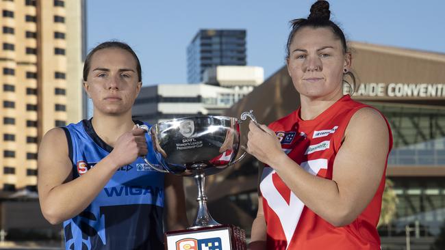 North SANFLW player Kristi Harvey (right) will coach the Roosters’ under-16 girls side. Picture: SANFL/David Mariuz