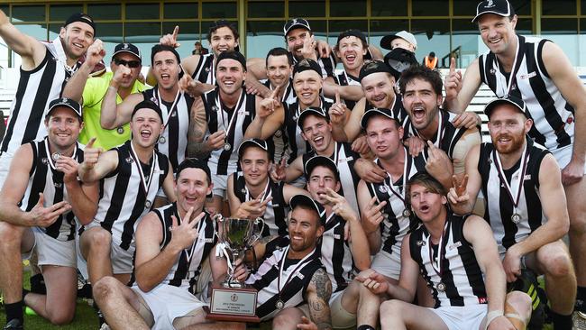 Reynella players celebrate after winning the 2015 Southern Football League grand final. Picture: Roger Wyman