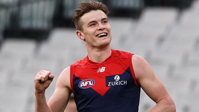 Bayley Fritsch celebrates after kicking goal number six. Picture: Michael Klein