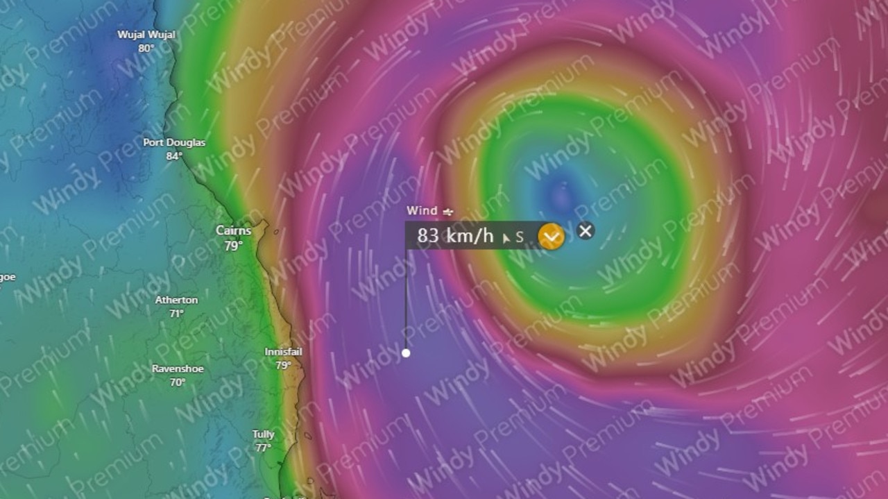 The ACCESS forecast model is predicting the formation of a tropical low in the Coral Sea off the coast of Cairns from February 1. Picture: Windy