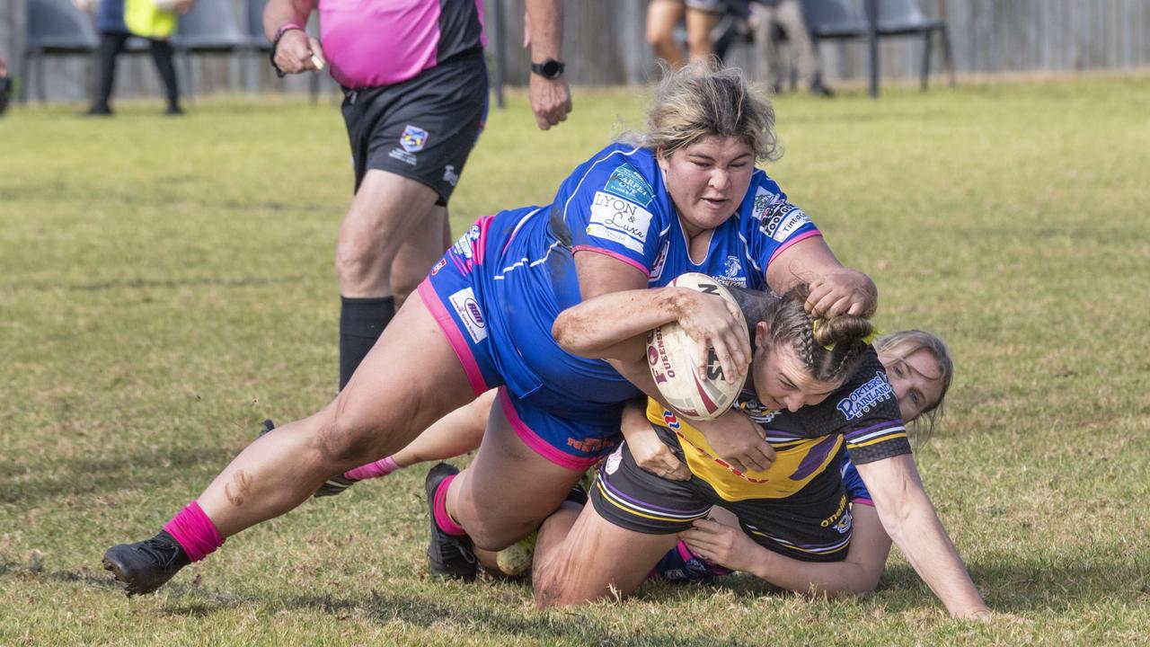 Kiara Taylor tackles Gatton’s Ashlea Nolan. Picture: Nev Madsen.