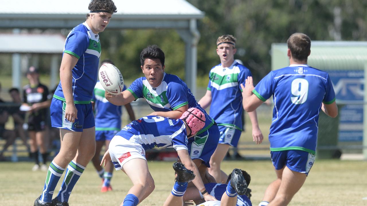 The Cathedral College defeated Ignatius Park College 26-8 in their Aaron Payne Cup clash at the Mackay Junior Rugby League Grounds. Wednesday, August 5 2020. Riley Boaza offloads in the tackle. Photo: Callum Dick