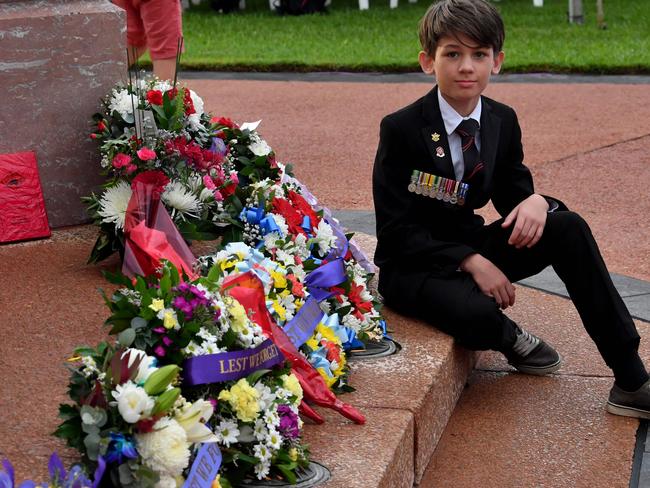 Anzac Day Dawn Service at Anzac Park, Townsville. Hayden Wells, 11, his father Andrew was a former sergeant with 2RAR. Picture: Evan Morgan